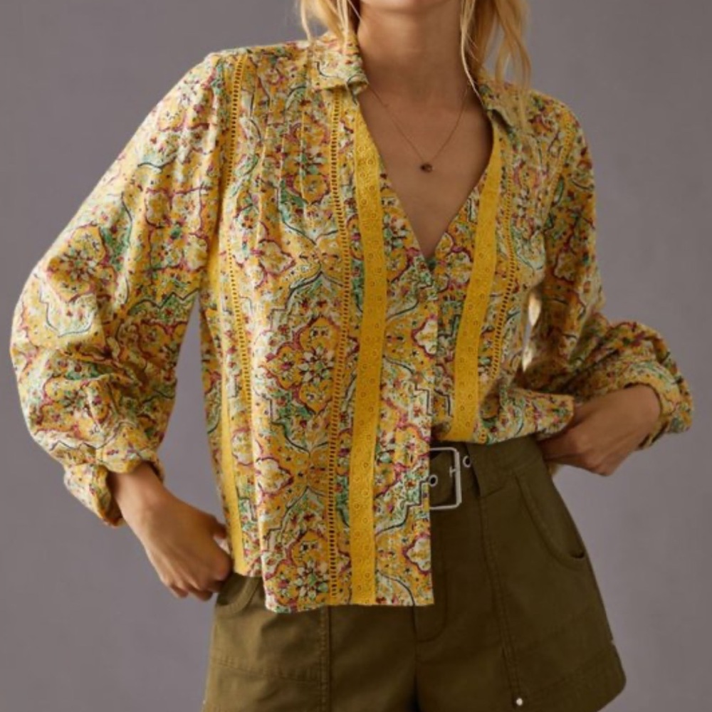 Pilcro Women's Yellow Floral Boho Embroidered Blouse Top XS